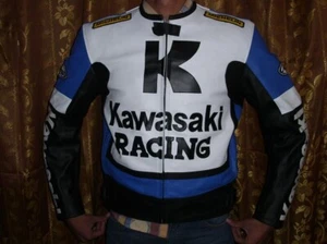 Men's Multicolor Kawasaki Motorcycle Racing Speed Real Leather Biker Jacket - Picture 1 of 5