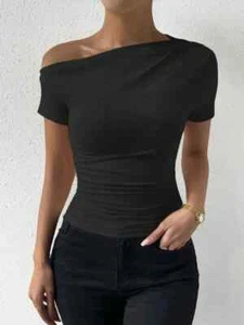 One Shoulder solides T-Shirt, elegantes Kurzarm gerafftes Oberteil für Frühling & Sommer - Bild 1 von 27