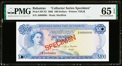 100 Dollars 1968 Bahamas Collector Series Specimen PMG Gem Uncirculated 65 EPQ - Image 1 of 3