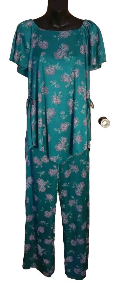 Vintage 70'S Ms. Sugar Teal & Purple Floral Two Piece Outfit Mrs. Roper Look  - Image 1 of 4