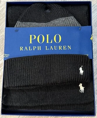 Polo Ralph Lauren шляпа и шарф комплект ребристый трикотажа черный серый 2 шт комплект новый с Ярлыками белый пони - Изображение 1 из 4