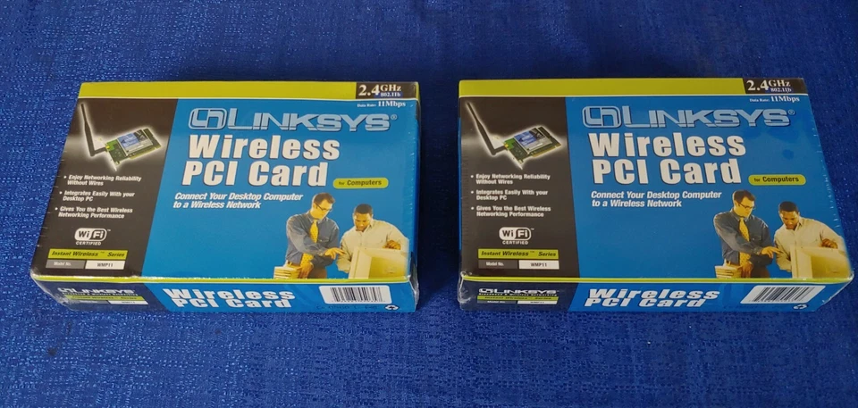 Lot of 2 Linksys Wireless PCI Cards WMP11 802.11b 2.4 GHz 11Mbps-BRAND NEW - Image 1 of 4