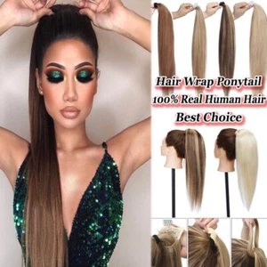 Thick Clip In 100% Remy Human Hair Extensions Ponytail Wrap Around Pony Tail US - Picture 1 of 22