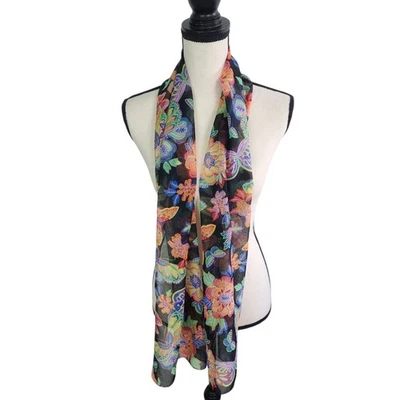 Cachecol Cejon Feminino Preto Multicolorido Poliéster Floral Butterfiles 13”L X 63”L - Imagem 1 de 4