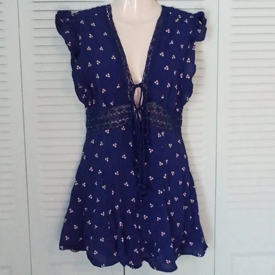 FREE PEOPLE MAMELUCO SOL MAÑANA AZUL MARINO LUNARES ENCAJE BORLAS VOLANTES FORRADO TALLA SM Foto 1 de 4