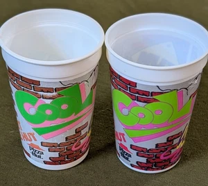 Vintage 1992 Pizza Hut Plastic Kids Cups Hit the Hut Graffiti on Brick Wall - Picture 1 of 4