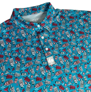Pins & Aces Polo Shirt Men’s XXXL Blue Pink Drinks Cocktail AOP Stretch Golf 3XL - Picture 1 of 11