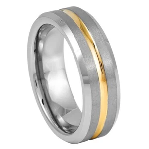 Tungsten Ring Yellow Gold Tone IP Plated Center Grooved – 7mm - Picture 1 of 1