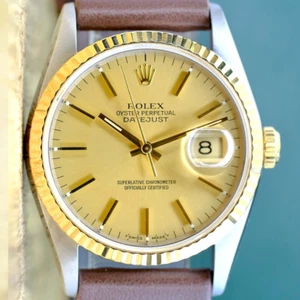 ROLEX DATEJUST MENS CHAMPAGNE 18KY GOLD FLUTED DARK BROWN LEATHER WATCH 16233 - Picture 1 of 8