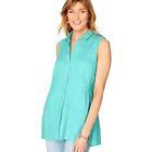 J Jill Shirt Women Medium Blue Linen Collared Half Button Pleated Hem Blouse