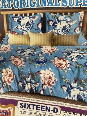White & Blue Floral 160 TC Cotton Double Bedsheet with 2 Pillow Covers Set - Image 1 of 3