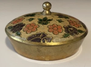 Vintage Solid Brass Bowl With Lid Enamel Floral Design Made In India 3.5” D - Picture 1 of 5
