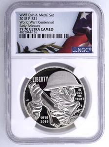 2018-P WORLD WAR I CENTENNIAL COMMEMORATIVE SILVER $1 NGC PF70 ULTRA CAMEO 44126 - Picture 1 of 2