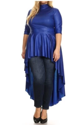 Blusa Top Vestido Talla Grande Imitación Cuero Alta Baja Cascada Peplum Foto 1 de 4