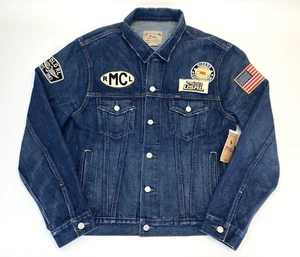 Polo Ralph Lauren Mens Denim Trucker Jacket RL 1967 USRL Riders Patchwork Blue L - Picture 1 of 7