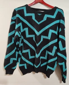Vintage Black And Teal Knit Sweater Womens Size Medium Organically Grown Brand - Picture 1 of 4