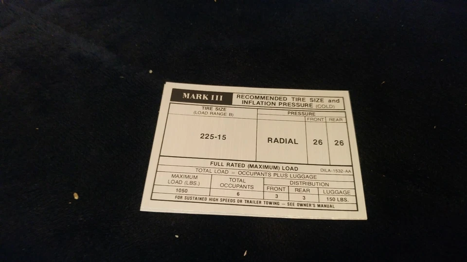 1971 LINCOLN CONTINENTAL MARK III DOOR TIRE PRESSURE SPECIFICATIONS DECAL STICKE - Image 1 of 1