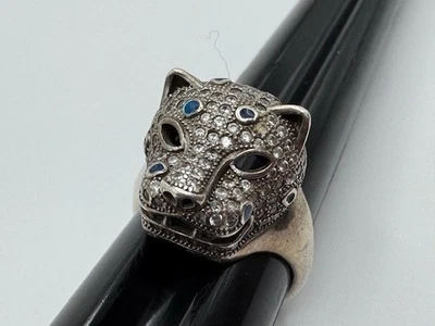 Anillo vintage de plata de ley 925 con cabeza de pantera de circonita cúbica blanca y azul para dama Foto 1 de 4