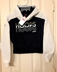 Sudadera con capucha Justice Hoops para niñas en blanco y negro con brillo dorado talla pequeña 7/8 NUEVA CON etiquetas  - Imagen 1 de 10
