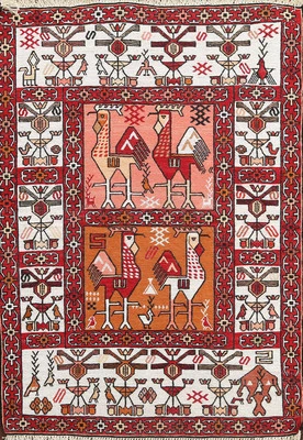 Handmade 100% Silk Tribal Area Rug 3x4 Ft Animal Pictorial Design Geometric Rug - Image 1 of 4