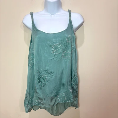 Unbranded Italy Silk Cami Top Women M Teal Green Floral Embroidered Flowy Fairy - Image 1 of 4