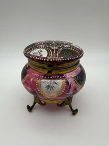 Antique Moser Bohemian Hinged Vanity Jar Cranberry Glass Enamel - Picture 1 of 7