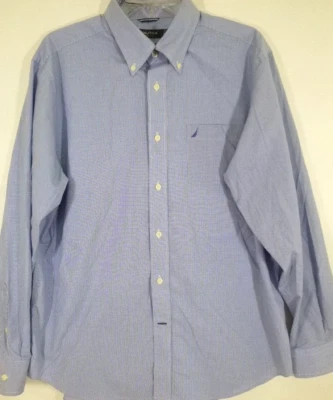 Camisa social masculina manga longa NAUTICA, grande, azul, microxadrez, 100% algodão - Imagem 1 de 4