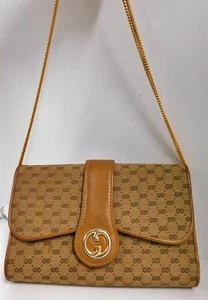 Borsa a tracolla Gucci vintage beige marrone logo GG monogramma tela pelle catena oro - Foto 1 di 8
