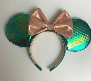 Minnie Mouse Ears Mermaid Sustainable Handmade Headband Iridescent Green/Pink - Picture 1 of 10