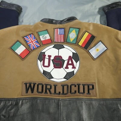 Chaqueta De Colección Copa Mundial de Estados Unidos Para Hombre Negra Marrón Fútbol FIFA Años 90 Cuero Lana J Elkins Foto 1 de 4