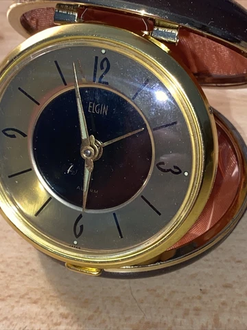 Vtg Elgin Round Black Travel Alarm Clock. Hour And Minute Hands Work. Second Not Cover