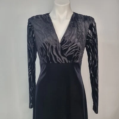 Y2k Black Velour Dress Sheer Zebra Print Long Sleeve Mini V Neck Velvet Sz M - Image 1 of 4