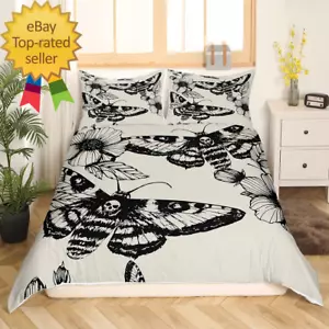 Gothic Skull Bedding Set Decorative Death Moth and Flowers Comforter Cover Twin - Picture 1 of 7