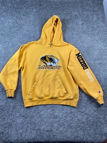 Missouri Tigers Hoodie Mens Large Yellow Black Pullover Mizzou Champion Flaw Cover