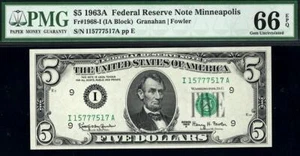 1963a $5 Minneapolis Federal Reserve Note FRN 1968-I PMG 66 EPQ GREAT EMBOSSING - Picture 1 of 2