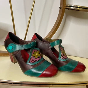 10 US Y2K 1940s Style Multicolor Leather Sandals Floral Block Heels 1940s 1950s - Bild 1 von 9