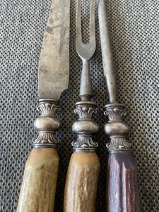 NICE Antique Stag Antler & Sterling Silver Meat Carving Set Knife Fork Cutlery - Picture 1 of 17