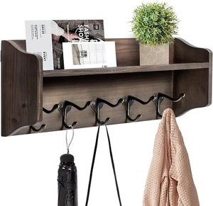 Handcrafted Coat Shelf Wall-Mounted Rustic Wood 5 Vintage Metal Hooks Storage - Picture 1 of 7