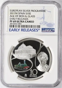 2017M Spain Silver 10 EURO-AGE OF IRON & GLASS NGC PF 69 - Ultra Cameo, Top Pop! - Picture 1 of 5