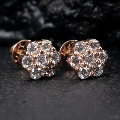 Flower Cluster 14K Rose Gold 0.97Ct VVS Lab Grown Diamond Screw Back Earrings - Image 1 of 4