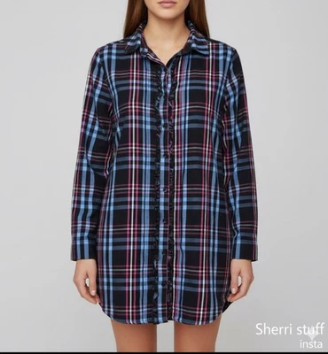 全新无标签 Betsey Johnson Intimates 荷叶边格子纽扣法兰绒睡眠衬衫 S — 第 1/4 张图片