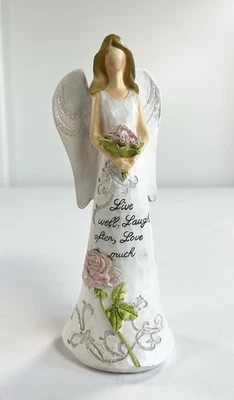 树脂天使雕像“活得好,经常笑,爱得很多”花朵闪光白色 — 第 1/4 张图片