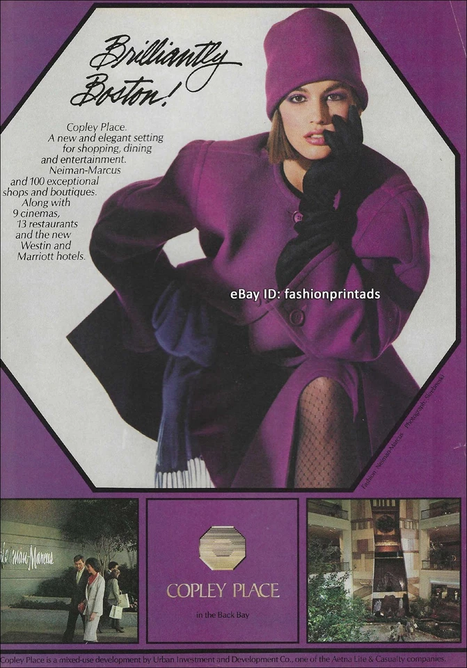 Anuncio impreso vintage COPLEY PLACE 1 página 1984 supermodelo Cindy Crawford en púrpura Foto 1 de 1