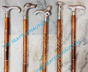 5er Set antiker Gehstock Holzstock massiv Messing verschiedene Kopfgriffe - Bild 1 von 4