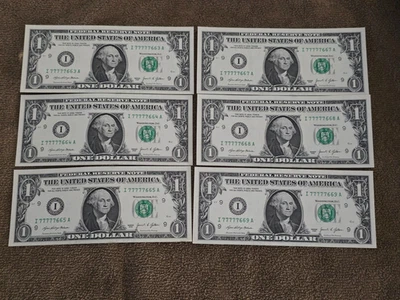 Lot of 6 $1 trinary notes UNC sequential order I77777663 to I77777669 with 5 7s - Image 1 of 3