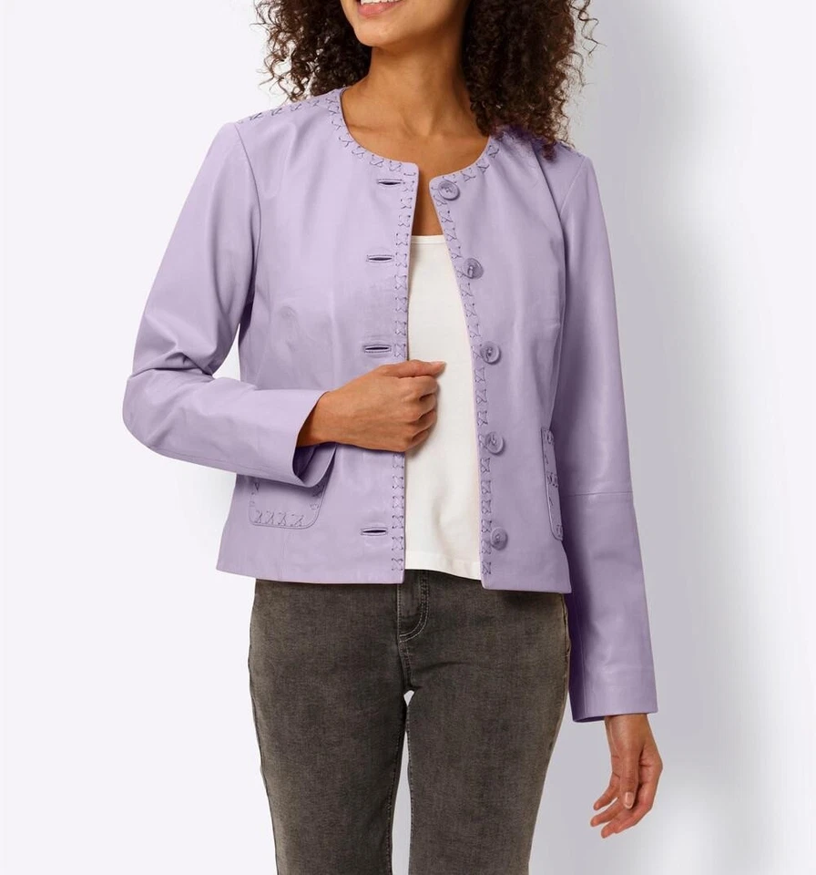 Mode von Heine Damen Lederjacke Rundhals Langarm Gefüttert flieder NEU - Bild 1 von 3