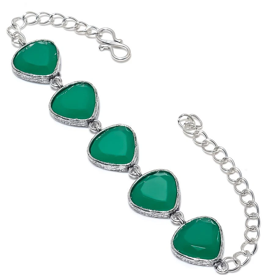 Brazalete de joyería enchapado en plata con piedras preciosas de ónix verde 7-8" Foto 1 de 1