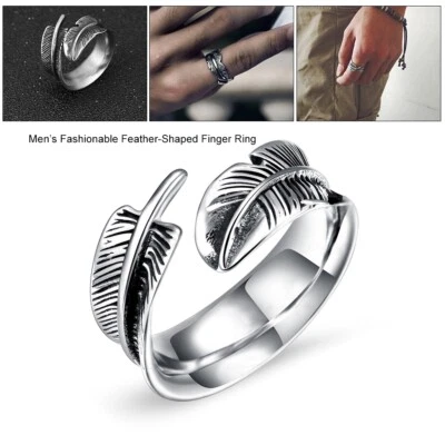 Feather Shaped Titanium Steel Opening Ring Men’s Fashion Finger Jewelry (8) - Image 1 of 4