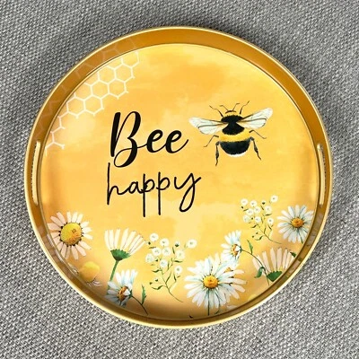 Round Tray with Handles Bee Happy Home Accessories Decorative Serving Tea Drinks - Image 1 of 4