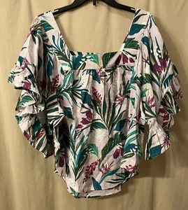 Terra & Sky Blouse Purple Tropical Floral Flutter Sleeve Boho Women's Sz 0X/14W - Picture 1 of 4